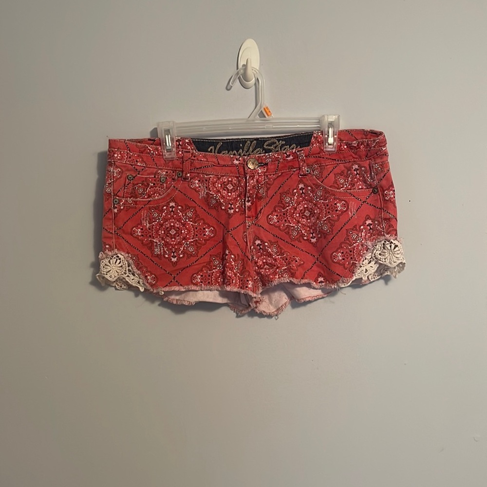 Womens red Jean shorts with bandana pattern